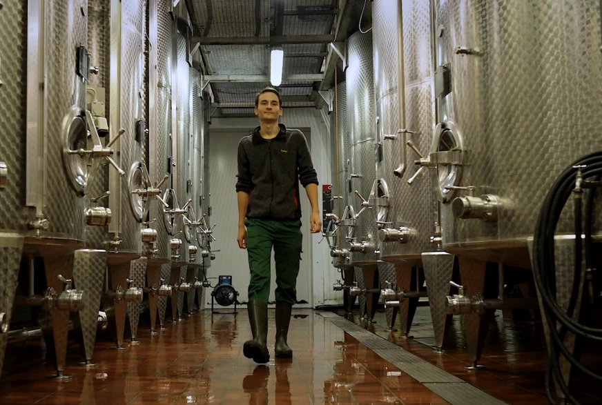 Arnaud Franzé, apprenti caviste, marche dans une cave
